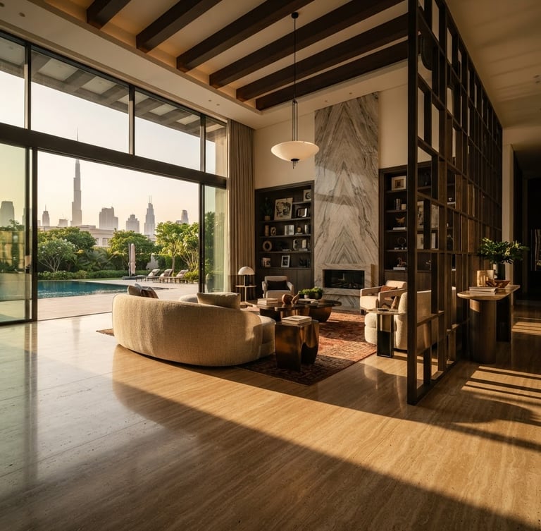 Low-angle architectural shot of a sprawling luxury villa living room in Dubai, dramatic side-lighting casting long shadows across warm travertine floors, custom millwork visible, medium format.