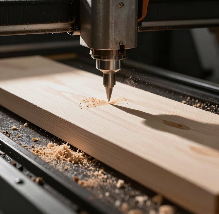Close-up macro photograph of raw premium timber being shaped by high-precision CNC machinery, sawdust caught in a sharp beam of natural side-light, dark industrial background.