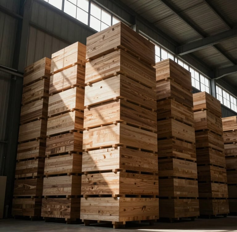 Low-angle architectural shot of a massive wood-conditioning warehouse, towering stacks of premium oak, dramatic side-lighting pouring through high windows.