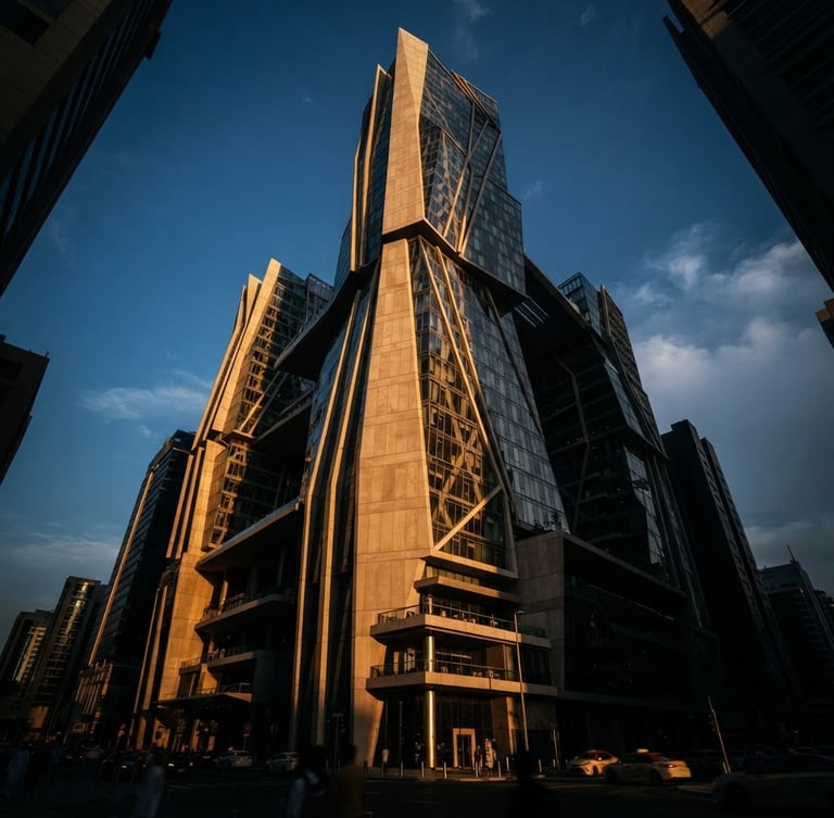 Low-angle architectural photograph of a modern corporate headquarters in Dubai, cast in deep shadows with warm side-lighting on concrete and glass facets.
