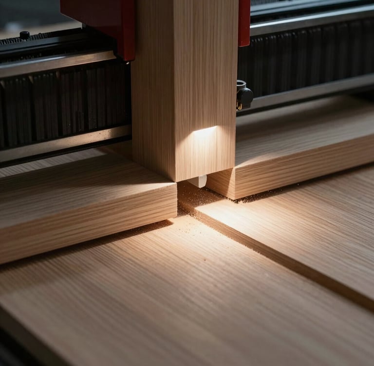 Macro close-up of an automated CNC router cutting clean joints into premium solid oak, fine wood dust illuminated by sharp industrial spotlights, high-contrast.