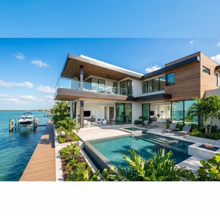 Sun-drenched modern architectural exterior of a luxury Florida home, sharp clean shadows, bright daylight, wide angle perspective.
