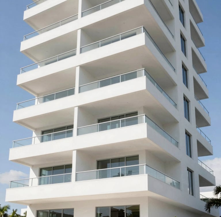 Bright modern architectural detail of a high-end Florida residential building, crisp clean shadows, natural daylight, wide angle perspective