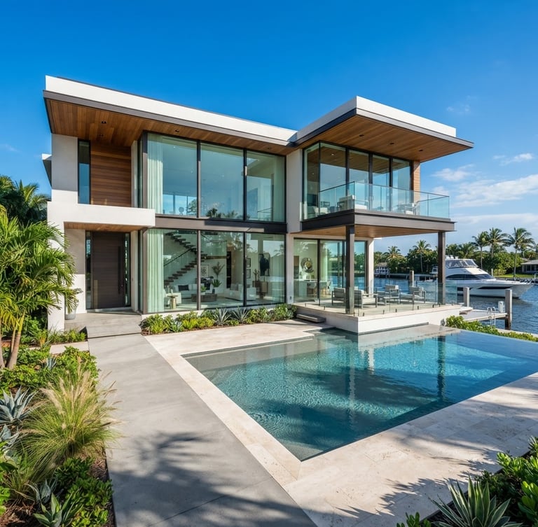 Bright architectural photography of a modern luxury minimalist home exterior in Florida, crisp clean shadows, sun-drenched concrete and glass, wide angle lens, blue sky.