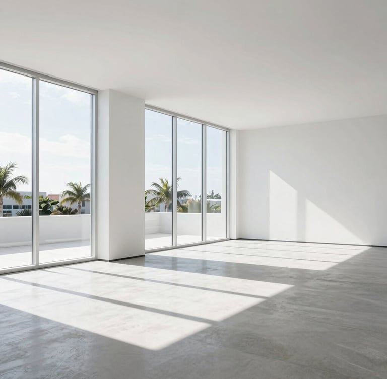 Minimalist sun-drenched modern interior of a Florida office, clean lines, natural light pouring through wide windows, crisp shadows.