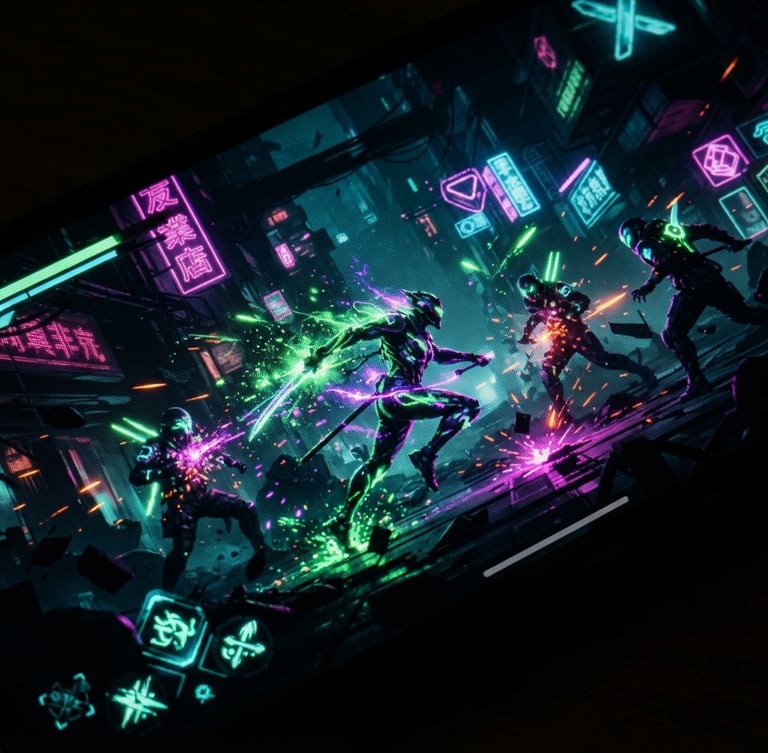 Extreme close-up macro tech photography of a high-resolution Android screen displaying a fluid, neon-lit action game, vibrant green and purple edge lighting, low-key cyberpunk atmosphere.