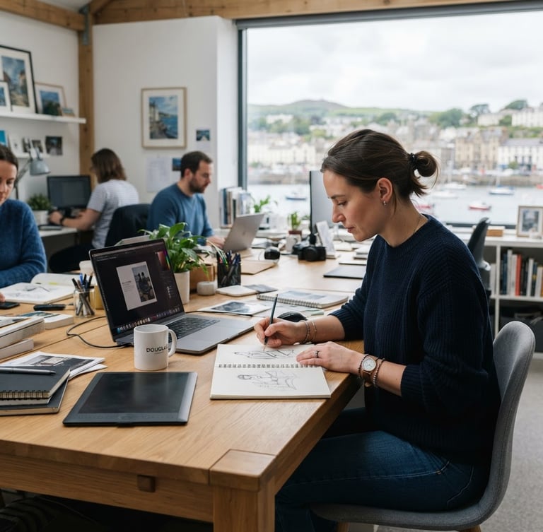 Environmental portrait of a modern creative workspace in Douglas, Isle of Man, bright natural daylight, soft shadows, sharp focus
