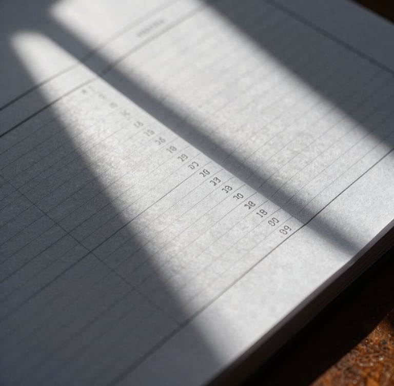 A close-up photograph of thick, high-texture financial ledger paper under dramatic, directional window light, casting long shadows across structured columns.