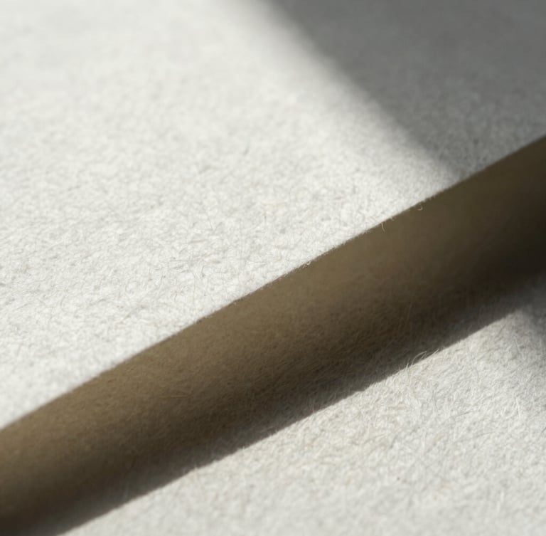 Macro detail of heavy textured cotton paper under sharp directional sunlight, casting deep geometric shadows.