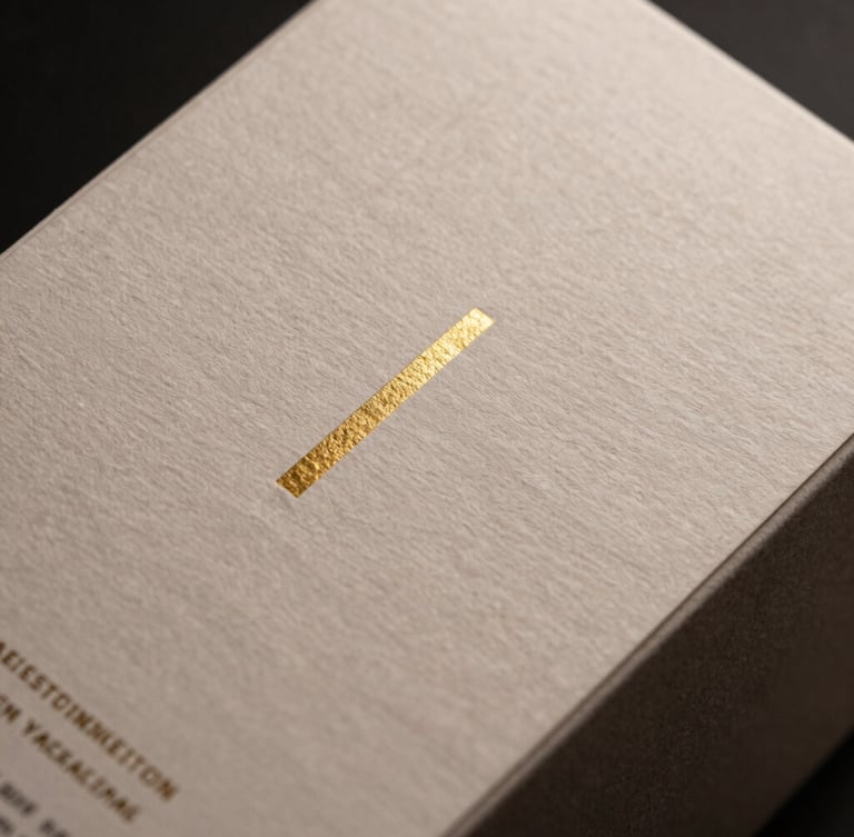 Macro detail of high-end consumer goods packaging, heavy textured paper with minimalist gold foil embossing, dramatic side lighting.