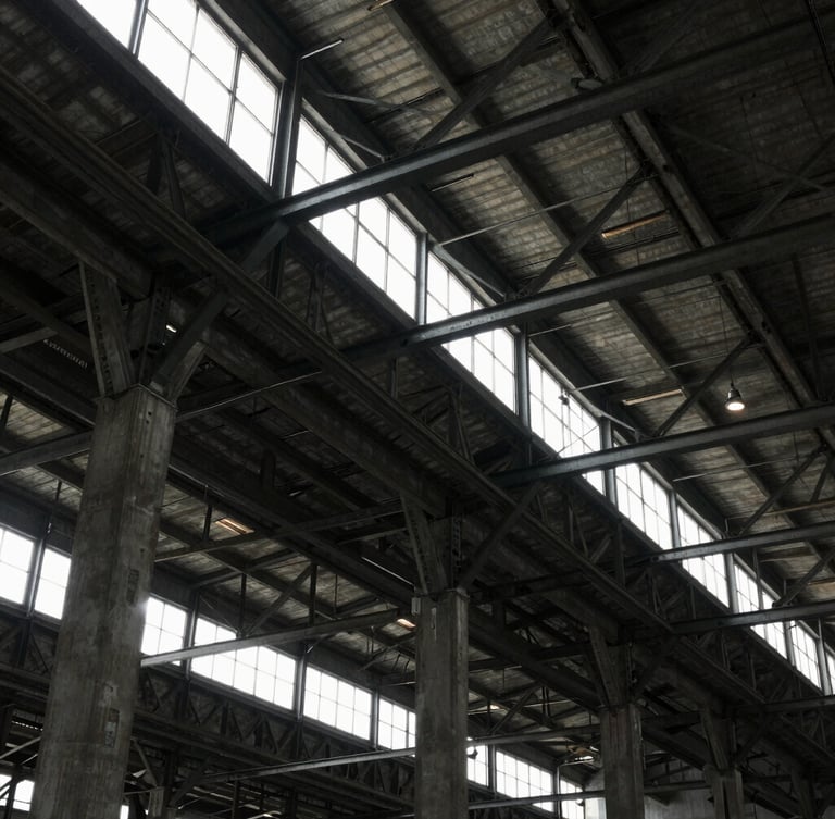 Architectural detail of an industrial warehouse ceiling, exposed steel trusses and concrete pillars, moody natural light from high clerestory windows.