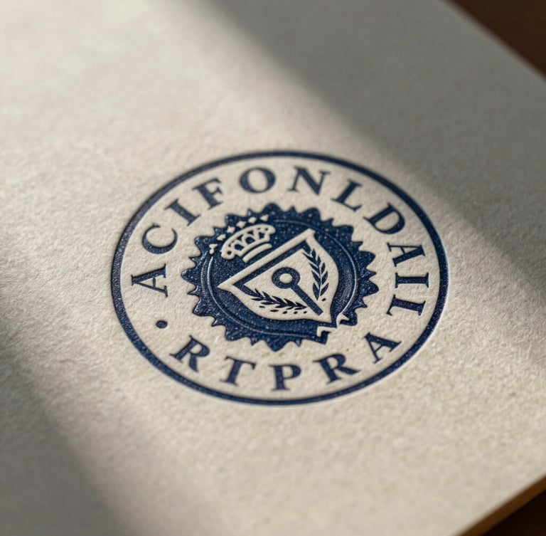 Tight macro detail of heavy textured paper with embossed corporate seal, sharp shadows, directional window light