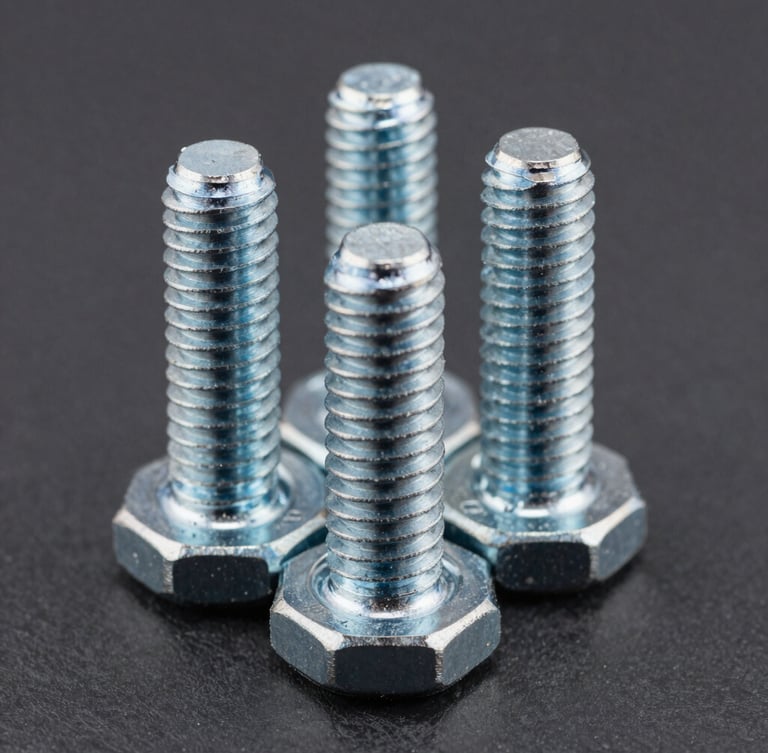 Macro shot of clean, precision-machined steel threads on heavy foundation bolts, sharp metallic highlights, deep slate background, high-contrast studio lighting