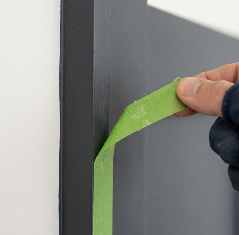 Macro architectural close-up of a razor-sharp paint line against dark charcoal trim, clean green painters tape being peeled back, bright daylight, 35mm lens