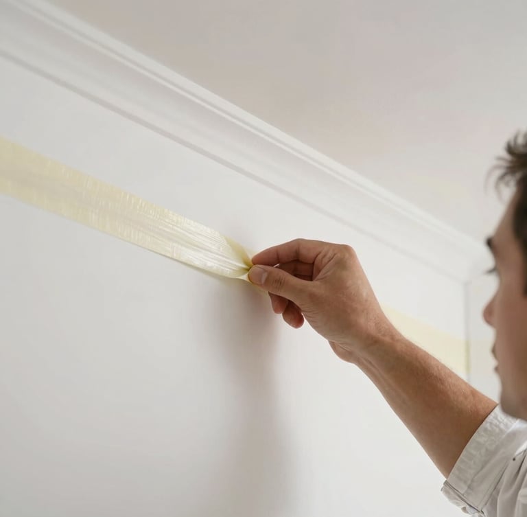 A professional painter in a clean white uniform carefully applying precision masking tape along a crisp skirting board, bright natural daylight, macro detail