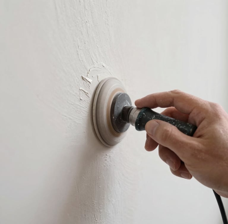 Macro close-up of a painter using a precision sanding tool on a plaster wall, clean dust-sealed workspace, bright work lights showing smooth plaster texture