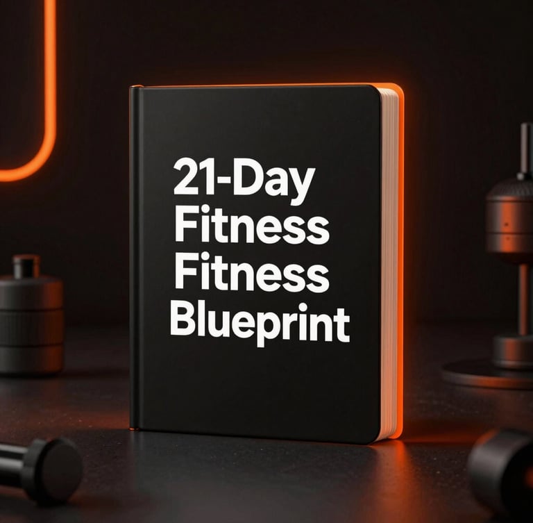 Sleek 3D digital book mockup of the 21-day fitness blueprint, dramatic low-key lighting with vibrant orange rim light, dark studio background.