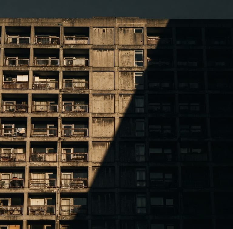Stark architectural crop of a brutalist concrete facade in Shoreditch, sharp late-afternoon shadows cutting diagonally across the frame, high-contrast 35mm photography.