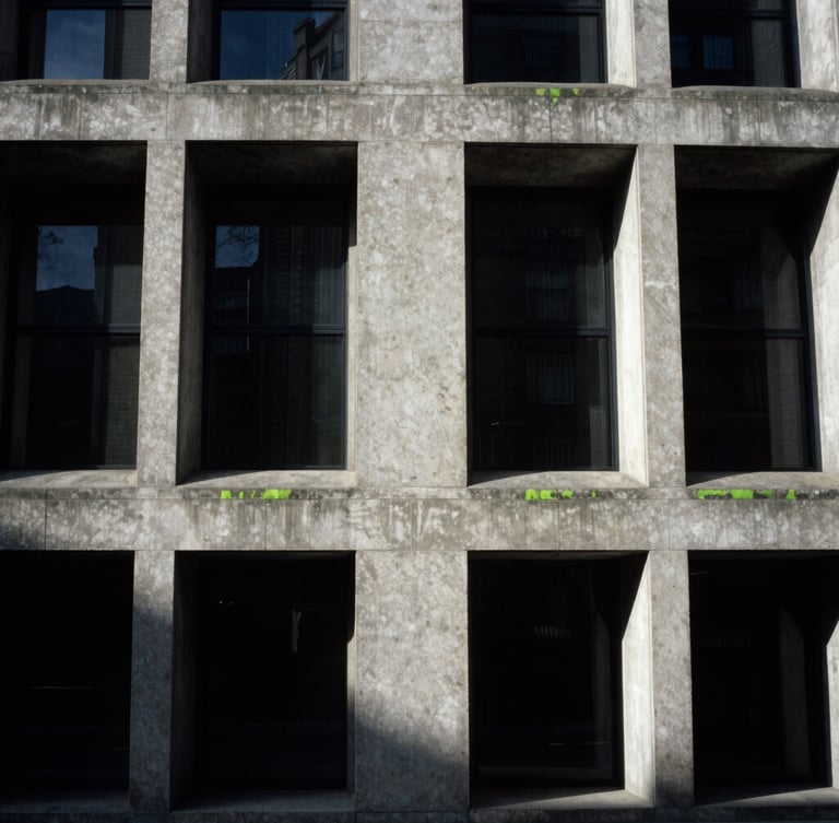 Stark brutalist concrete architecture in London, sharp late-afternoon shadows, high contrast, minimalist editorial composition, 35mm photography