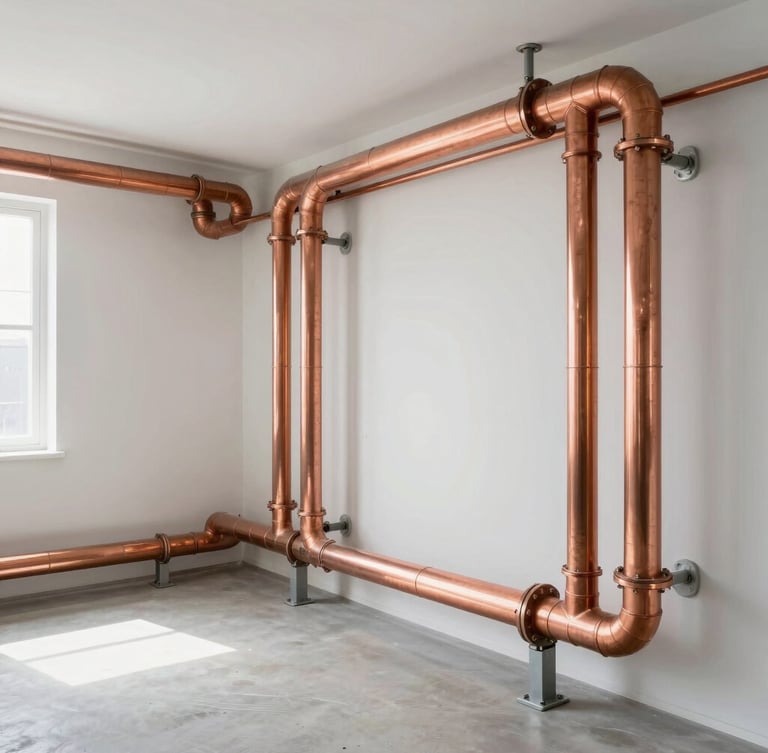 Wide architectural shot of a pristine home mechanical room, perfectly aligned glowing copper manifold piping, clean geometric layout against a white wall, bright natural side light