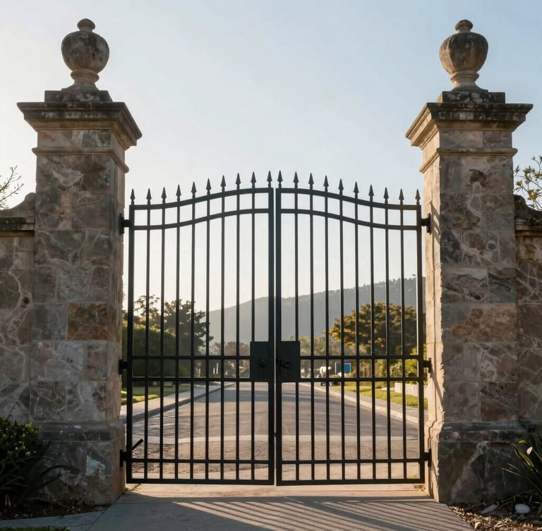 Symmetrical architectural shot of a closed heavy-duty iron estate gate framed by stone pillars in the La Cañada foothills, bright morning light.