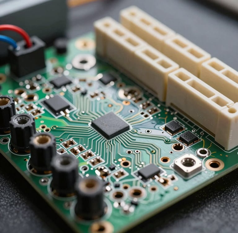 Macro close-up of a clean, high-end gate control board with crisp morning light highlighting the electronic circuits and wiring terminals.