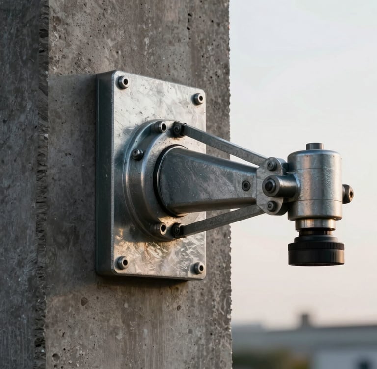 Symmetrical close-up of a heavy-duty steel gate operator arm mounted on a dark concrete pillar, bright morning light highlighting metallic textures, tools resting precisely nearby.