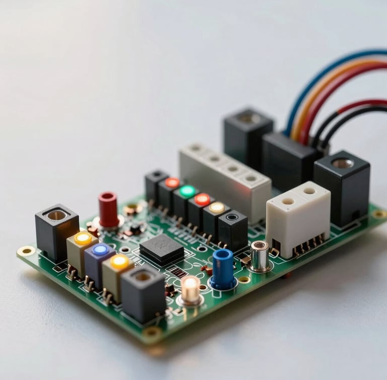 Tight macro shot, clean morning light, a high-voltage gate control board with illuminated diagnostic LEDs, colorful wiring terminals, and integrated relays.