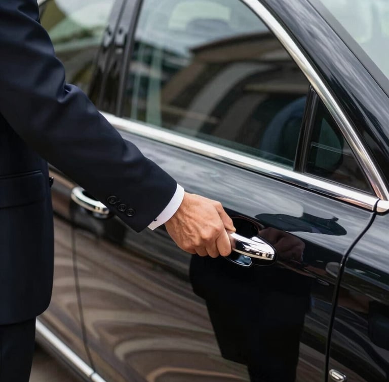 Close-up of a professional chauffeur in a dark suit opening the door of a spotless black executive sedan, bright natural Mediterranean daylight, sharp focus on the chrome handle