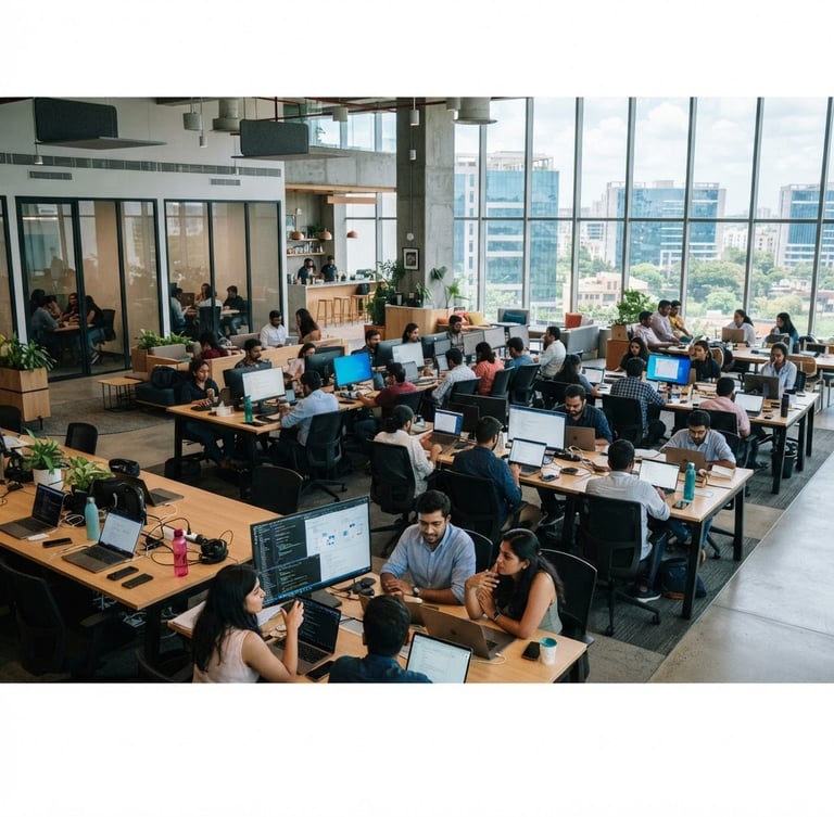 A wide environmental shot of a modern clean tech-hub workspace in Bengaluru, bright natural light with cool screen glow, professional atmosphere, 35mm