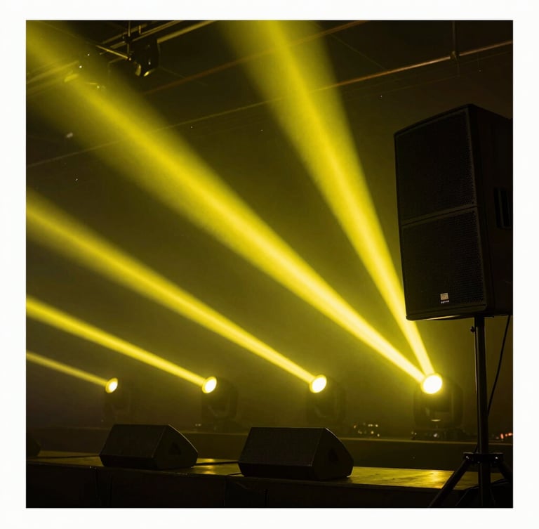 Atmospheric low-light venue with sharp electric-acid yellow light beams cutting through haze, illuminating professional sound systems, high-contrast, technical aesthetic