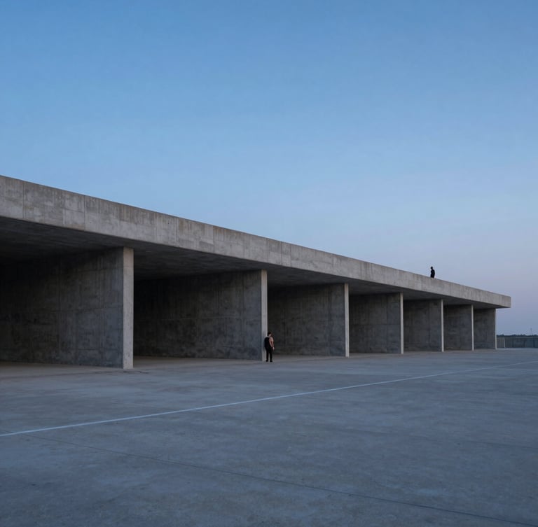 Extreme wide environmental shot of a solitary figure dwarfed by a vast concrete structure at twilight, cool blue hour lighting, expansive negative space.