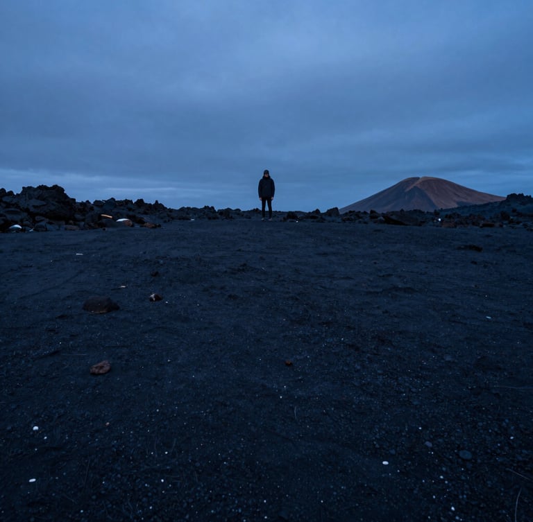 Extreme wide environmental shot of a solitary figure standing on a vast dark volcanic beach at twilight, cool blue hour lighting, deep negative space.