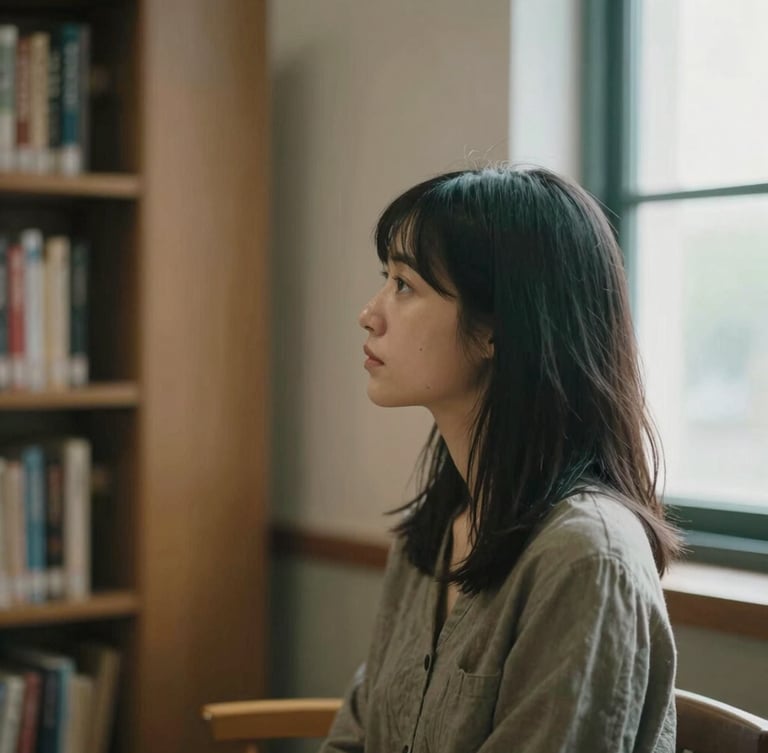 Thoughtful woman looking out of a window in a quiet library, soft natural daylight, muted earth tones, 35mm editorial photography