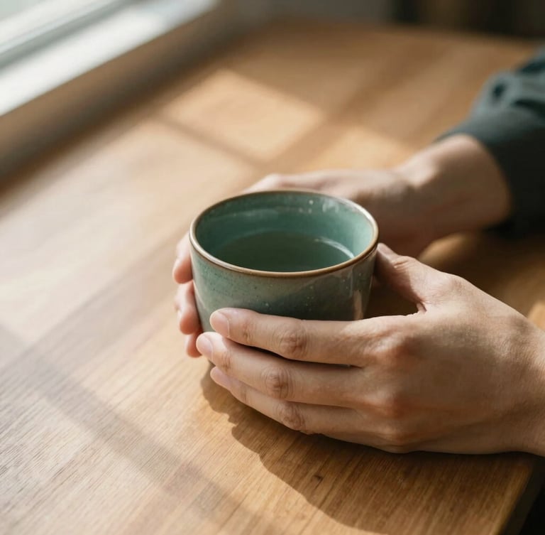 Close-up of hands holding a warm ceramic cup over a wooden table, soft shadows of window frames, quiet and calm editorial setting
