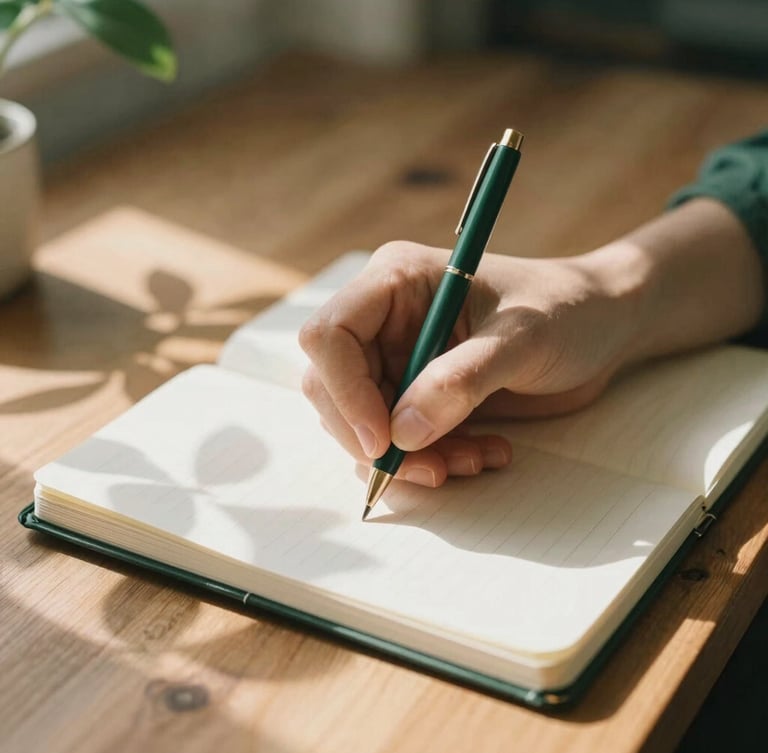 Close-up of hands writing in a linen notebook on a wooden desk, soft morning sunlight casting leaf shadows, warm editorial photography, shallow depth of field