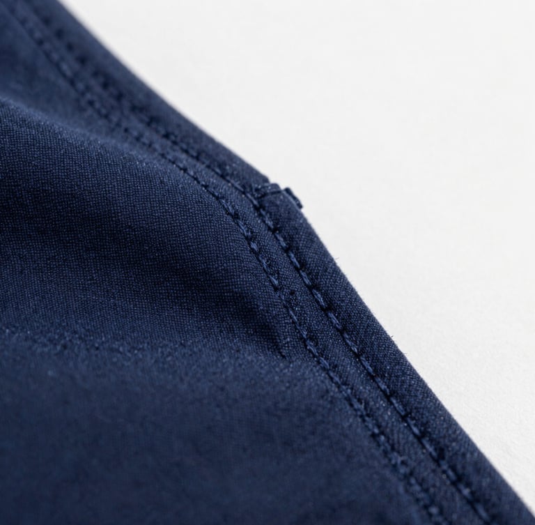 Macro close-up of heavy cotton fabric texture, raw stitching details on a navy blue pocket seam, soft natural overcast daylight, high detail.