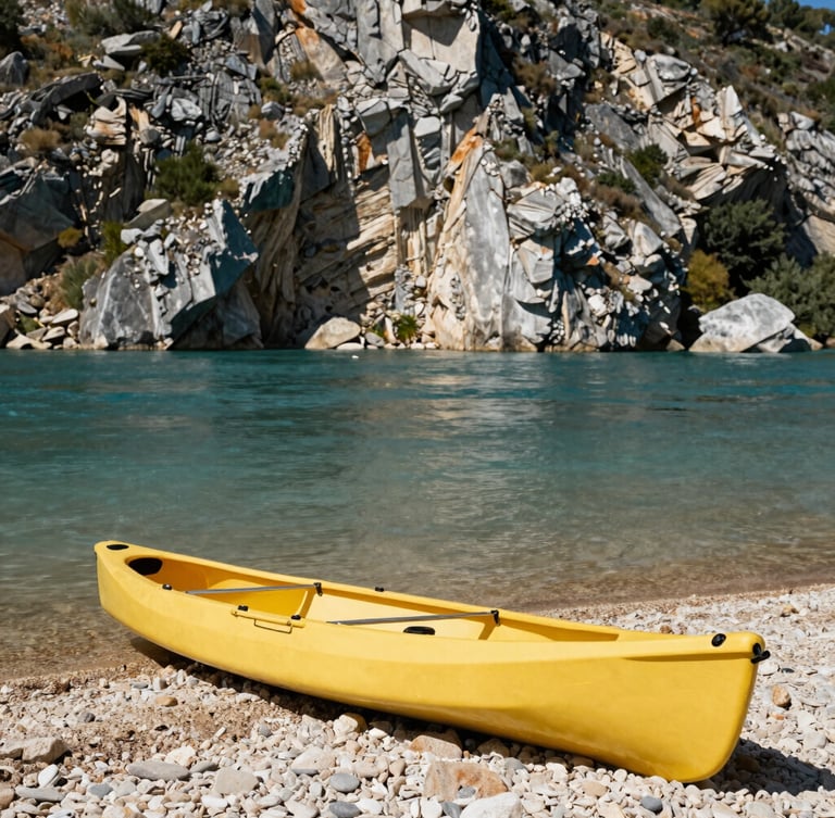 Un canoë jaune vif posé sur une petite plage de galets au bord de la rivière Hérault, avec des falaises de calcaire imposantes en arrière-plan sous un soleil méditerranéen éclatant. Le canoë est vide, invitant à l'exploration.