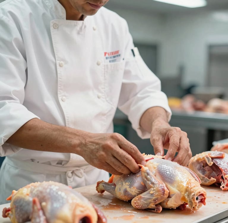 Close-up of a professional Colombian butcher in a spotless white uniform carefully selecting fresh poultry cuts in a brightly lit, modern clean facility.