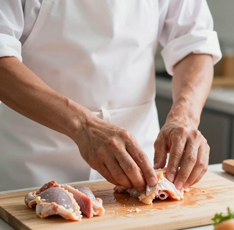 Close-up of a Colombian butcher in a clean, modern white apron carefully preparing fresh chicken cuts under bright morning light