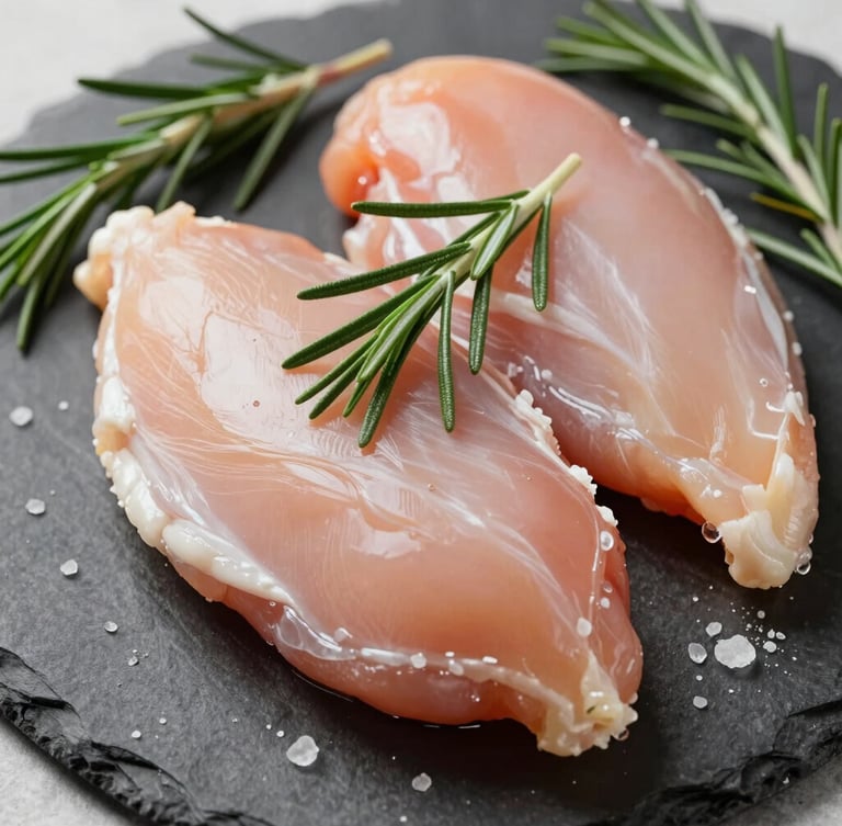 Close-up of fresh, raw chicken breast on a dark slate board, garnished with fresh rosemary sprigs and sea salt, bright natural morning light, high clarity.