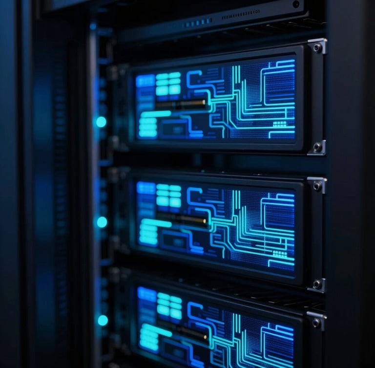 Macro close-up of a high-tech server rack with glowing neon-cyan and deep indigo lights, abstract data visualizations flowing across screens, low-key moody studio lighting, sharp angles.