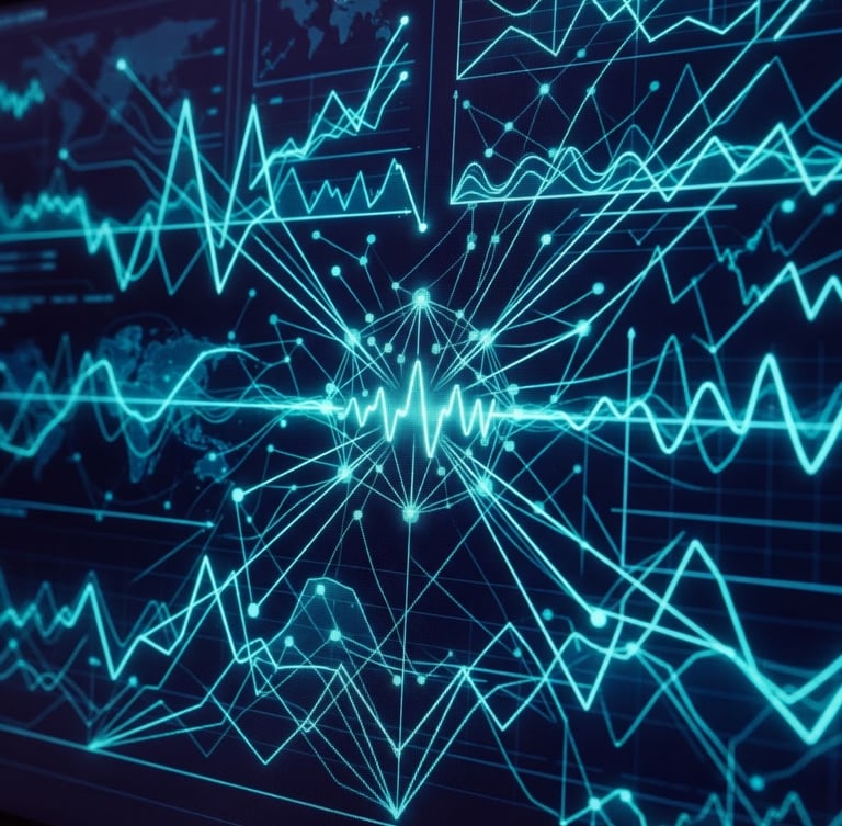 Macro shot of a glowing digital screen displaying real-time programmatic bidding data, sharp neon-cyan lines, deep indigo background, high-contrast tech aesthetic.