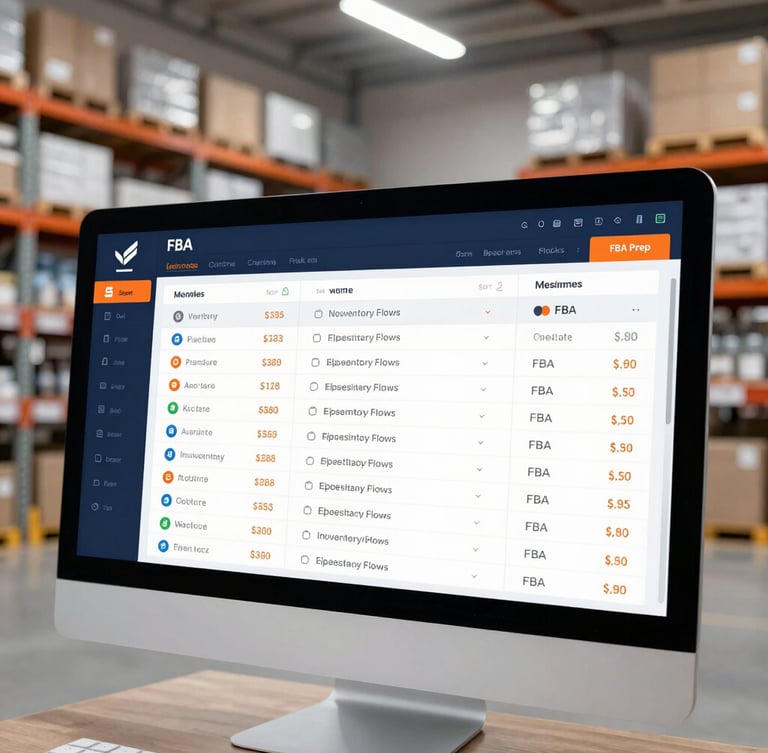 Crisp digital dashboard mockup displaying real-time inventory flows and FBA prep status, cool blue interface with warm orange accents, high-contrast, modern SaaS UI