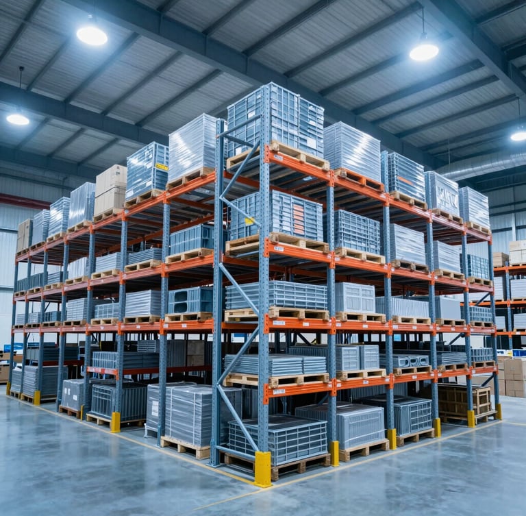 Wide-angle environmental shot of organized high-density racking systems under clean, professional warehouse lighting with cool blue tones.