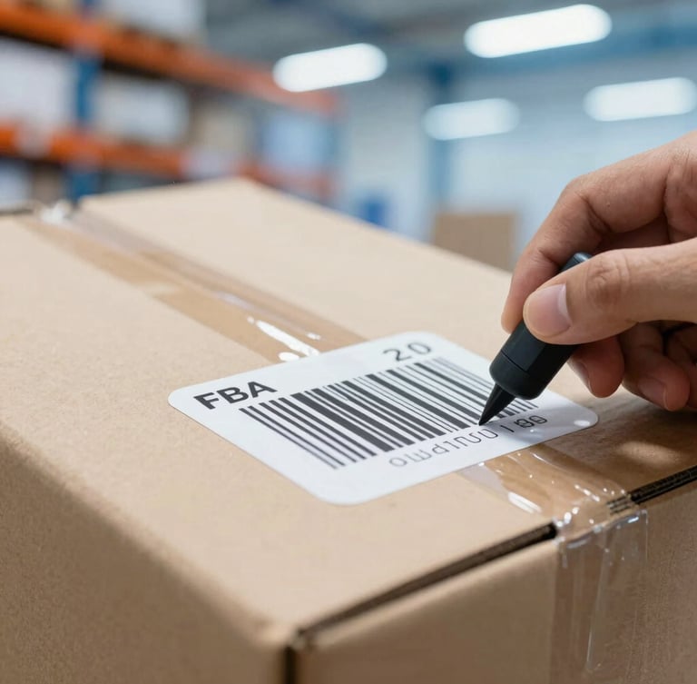 Macro shot of a hand applying an FBA barcode label to a clean cardboard box, bright modern warehouse lighting with cool blue tones and warm orange accents, sharp focus, 35mm lens
