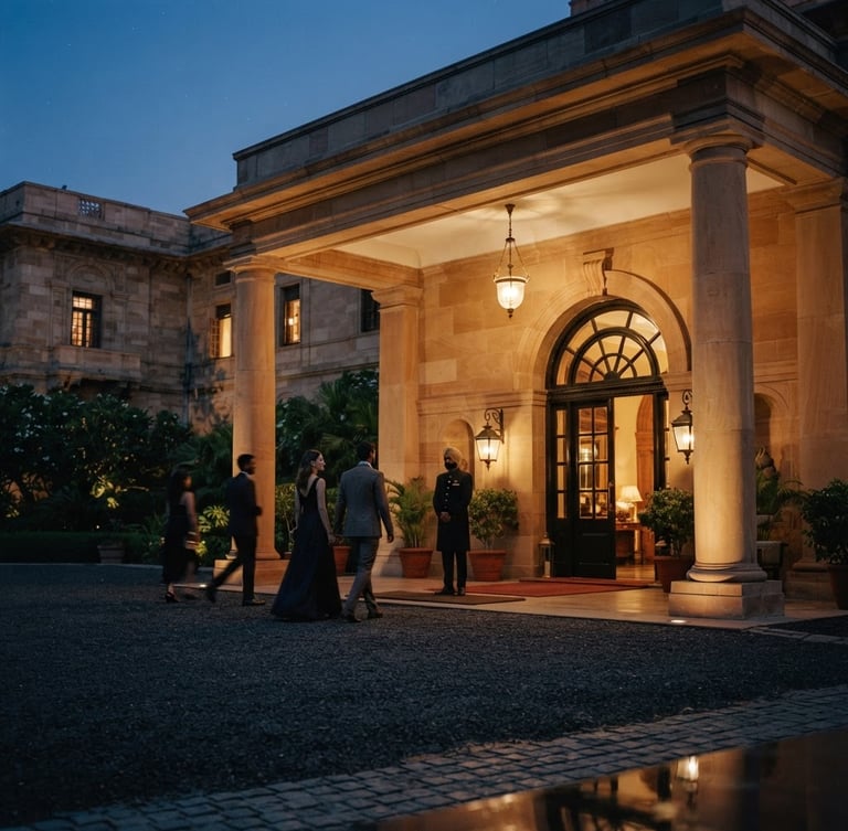 Low-key ambient shot of Lutyens' Delhi architecture, warm stone pillars under a soft twilight sky, luxury hotel entrance, 35mm