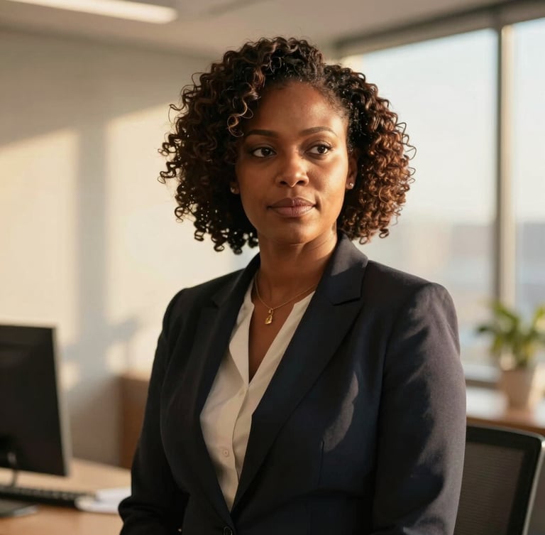 Dignified medium portrait of an African female executive in a luminous, warm-toned office, looking off-camera with quiet confidence, soft golden hour light, high-end editorial style.