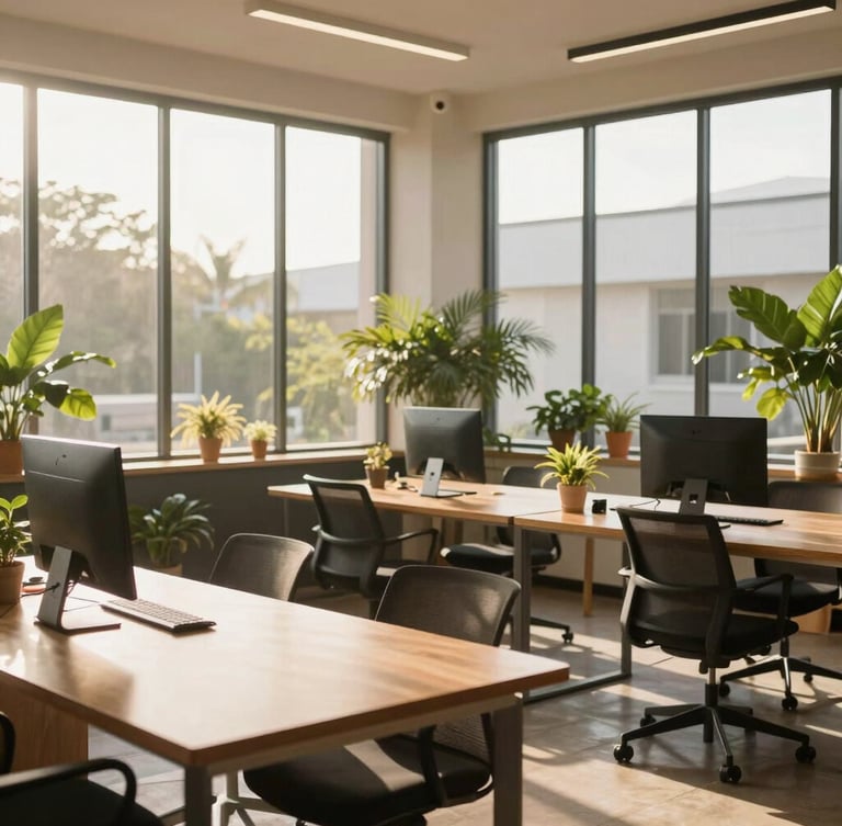 Luminous, modern workspace in Abidjan with warm morning light streaming through high windows, minimal clean wooden tables, and green plants, creating an inspiring professional environment.