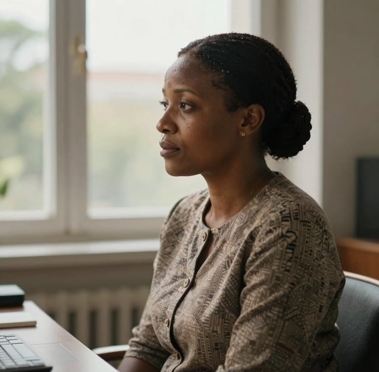 Portrait de profil d'une femme leader africaine pensive et sereine, éclairée par une lumière naturelle et dorée à travers une grande fenêtre de bureau.